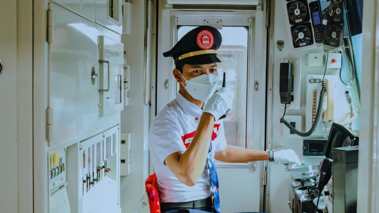 Inside the driver's cabin, on duty